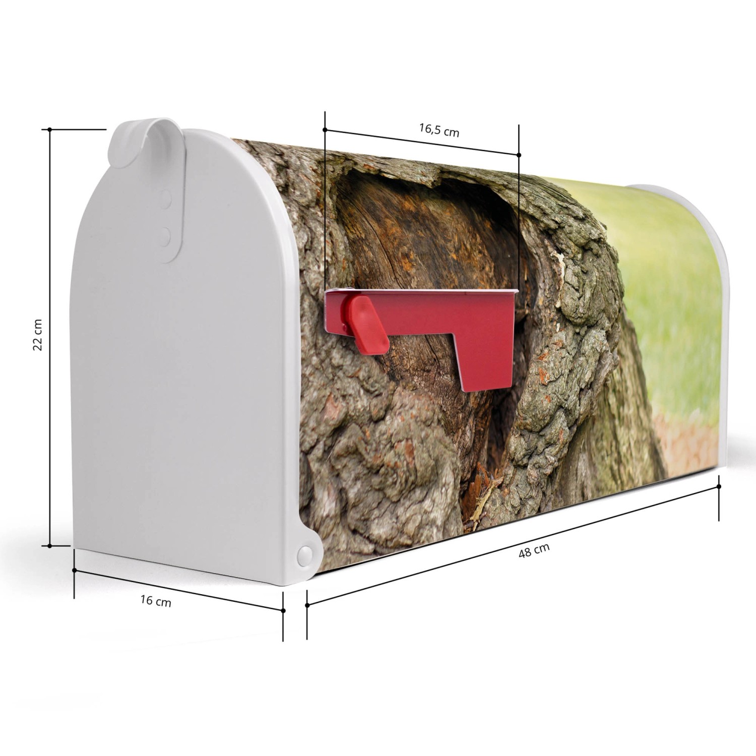 Weißer US Briefkasten mit Baum Motiv und roter Fahne, 48x22x16cm. Ideal als Wandbriefkasten oder Standbriefkasten.