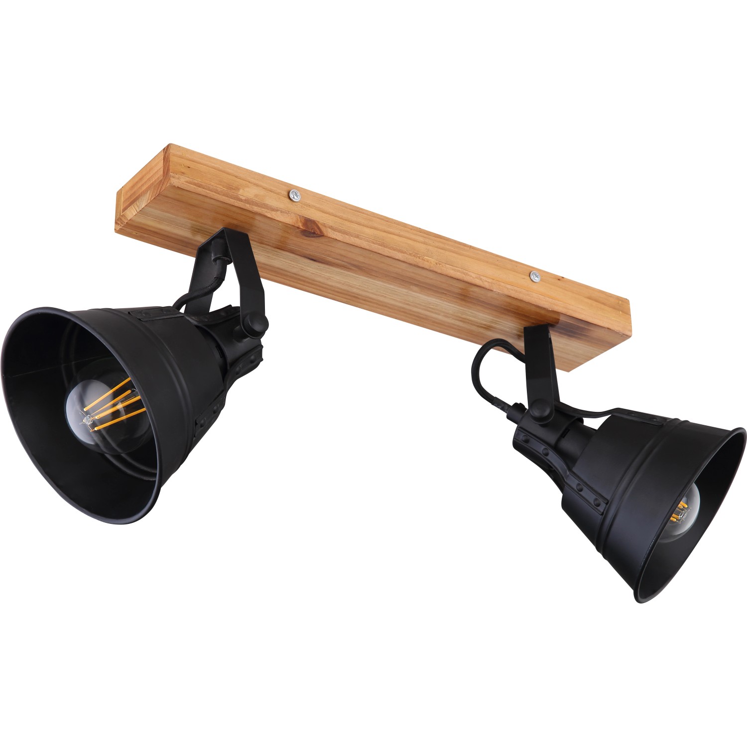 Globo Spot Günther 2er, braun-schwarz, Vintage-Deckenleuchte mit Holz und zwei schwarzen Lampenschirmen.