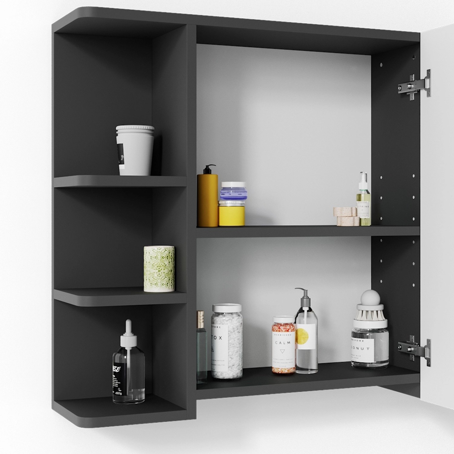 Vicco Badspiegelschrank Fynn, anthrazit/weiß, 80x64 cm, mit offenen Fächern und Stauraum.