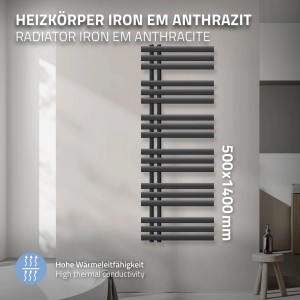 Anthrazitfarbener LuxeBath Iron EM Badheizkörper 500x1400 mm im modernen Bad.