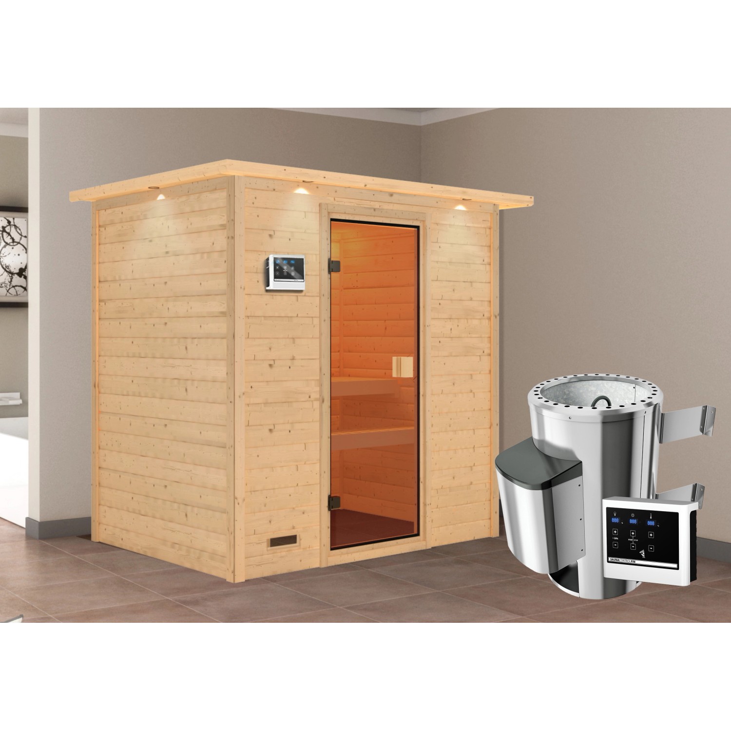 Karibu Sauna Selena mit Ofen externe Stg.LED-Dachkranz Natur