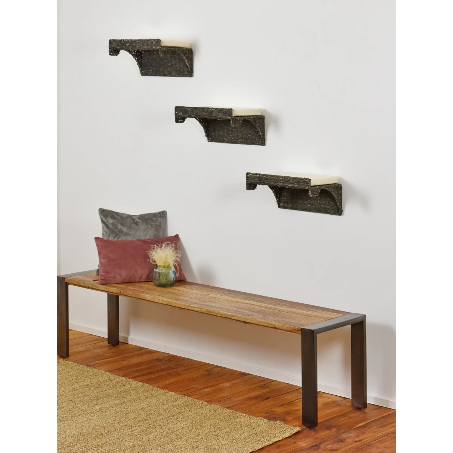 Silvio Design Wandliege Seegras, 3er Set, schwarz. Kratzbretter für Katzen zur Wandmontage.