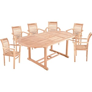 7-teiliges Gartenmöbel-Set von Garden Pleasure: Tisch und 6 Stühle aus Teakholz in Hellbraun.