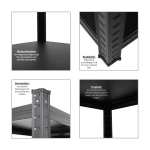 Detailansichten des schwarzen Schwerlastregals Ragnar: Fachböden, Stecksystem, Stabilität, Traglast bis 100 kg.