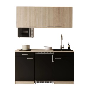 Respekta Ingrid Singleküche 150 cm. Schwarze Fronten, helle Holz-Oberschränke, Mikrowelle, Kühlschrank, Kochfeld, Spüle.