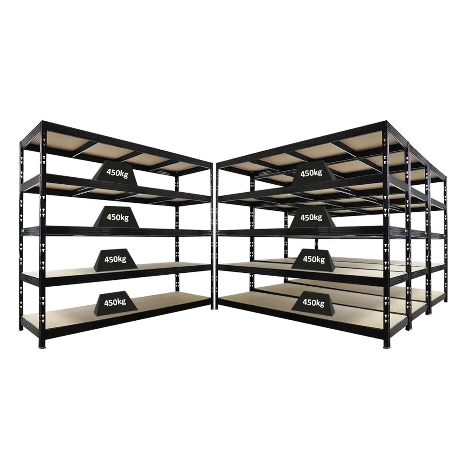 PROREGAL Mega Deal 4x Profi Schwerlastregal Rhino HxBxT 200x240x70cm 5 Spanplatten-Ebenen 8mm Fachlast 450kg Schwarz_9