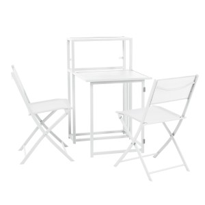 Weißes, klappbares Balkon-Set: Tisch mit Ablage und zwei Stühle für kleine Balkone.