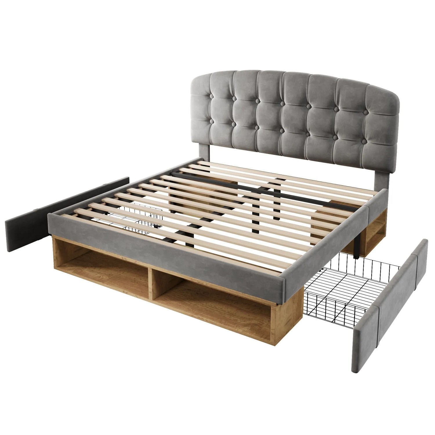 okwish Polsterbett 140x200cm mit Samtbezug Schubladen Jugendbett Grau ohne Matratze