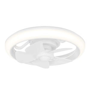 Weißer Eglo LED-Deckenventilator Fernandina mit integriertem Lichtring und drei Flügeln. Modernes Design, Ø 39,8 cm.