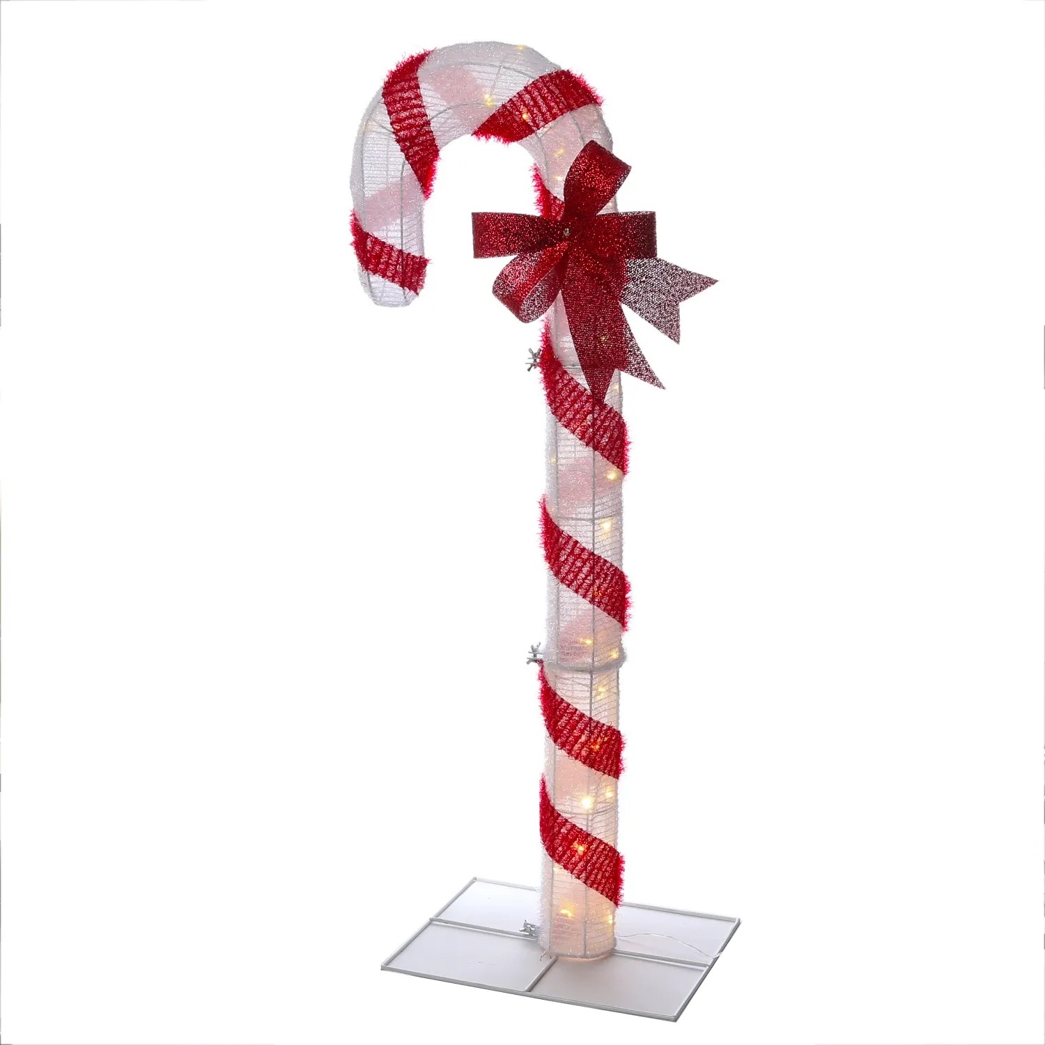 XL LED Zuckerstange, 1,2m, rot-weiß gestreift mit glitzernder Schleife. Ideal als Weihnachtsdeko für den Garten.