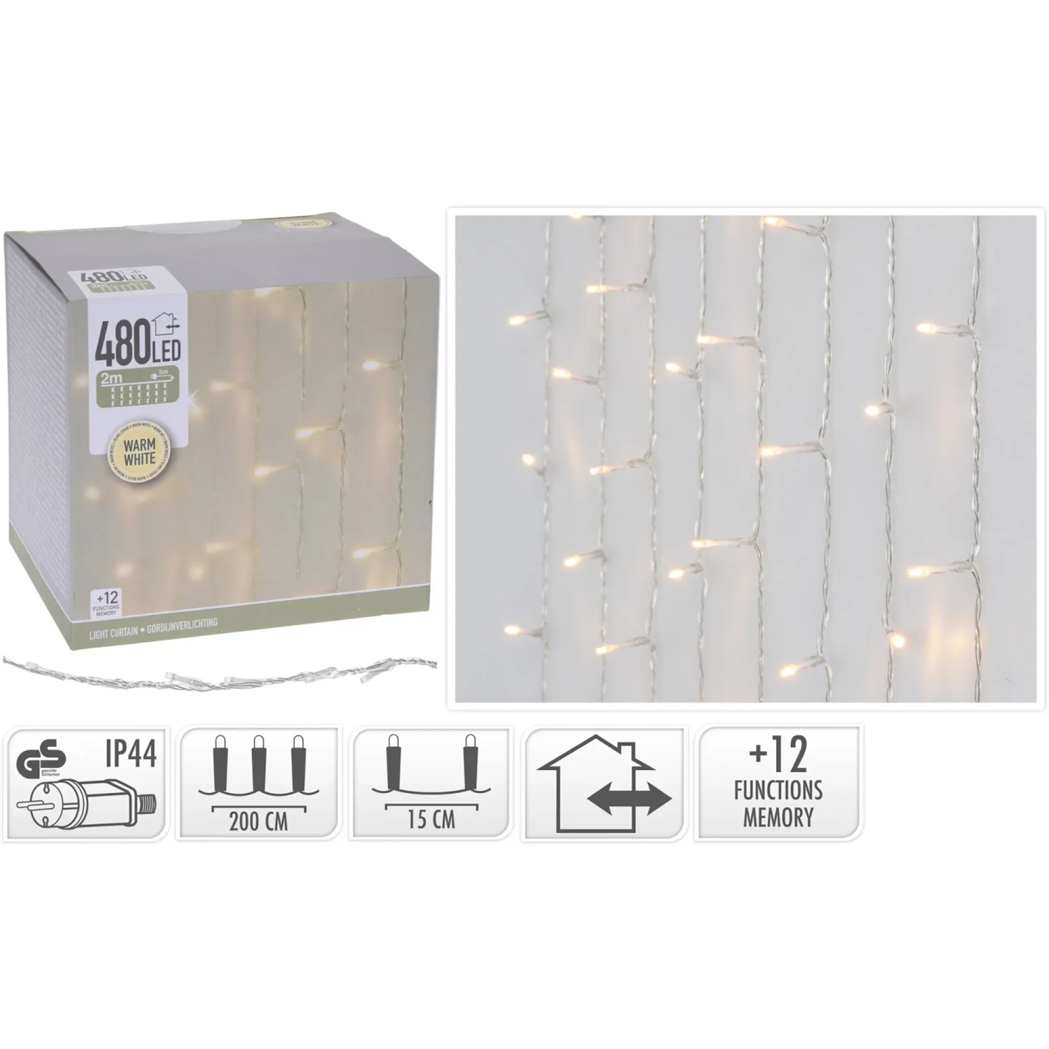 LED-Lichtervorhang mit 480 warmweißen LEDs, 225x300cm, für stimmungsvolle Beleuchtung.
