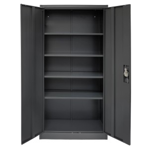 Offener, anthrazitfarbener Rikta Metallschrank (168x80x40cm) mit vier Einlegeböden.