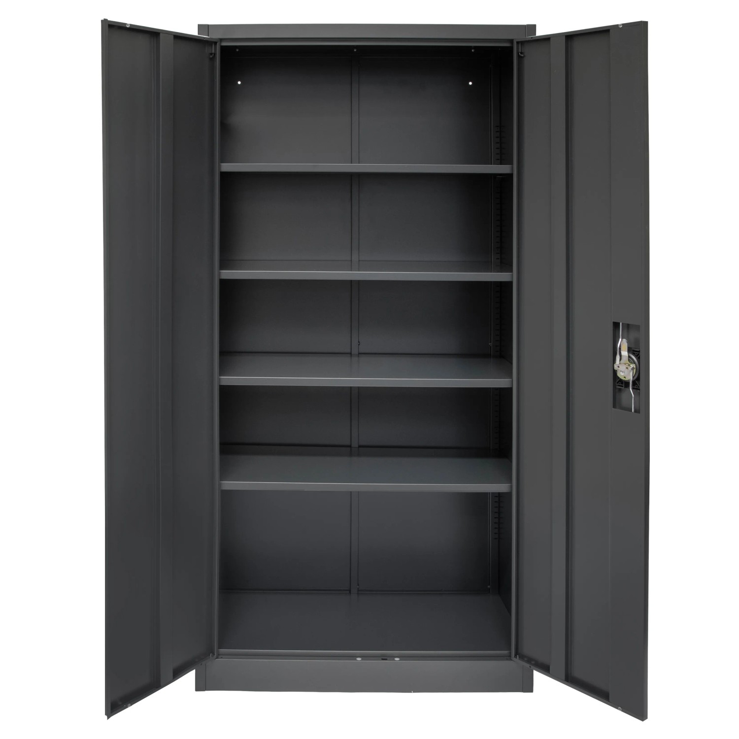 Offener, anthrazitfarbener Rikta Metallschrank (168x80x40cm) mit vier Einlegeböden.