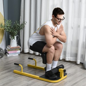 Mann trainiert mit gelb-schwarzem HOMCOM Sissy Squat Trainer. Sport & Fitnessgerät für Kniebeugen.