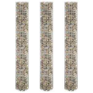 3er Set furnicato Gabionen-Hochbeete, rund, verzinkt, gefüllt mit Steinen. Ø30x200 cm.