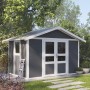 Grosfillex Kunststoff-Gartenhaus Deco Domizil 7,5 m² in Dunkelgrau-Weiß mit Doppeltür und Fenster.
