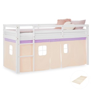 Homestyle4u Kinder Hochbett 90x200 mit Vorhang in Lila/Orange. Weißes Kiefernholz mit Leiter und Lattenrost.