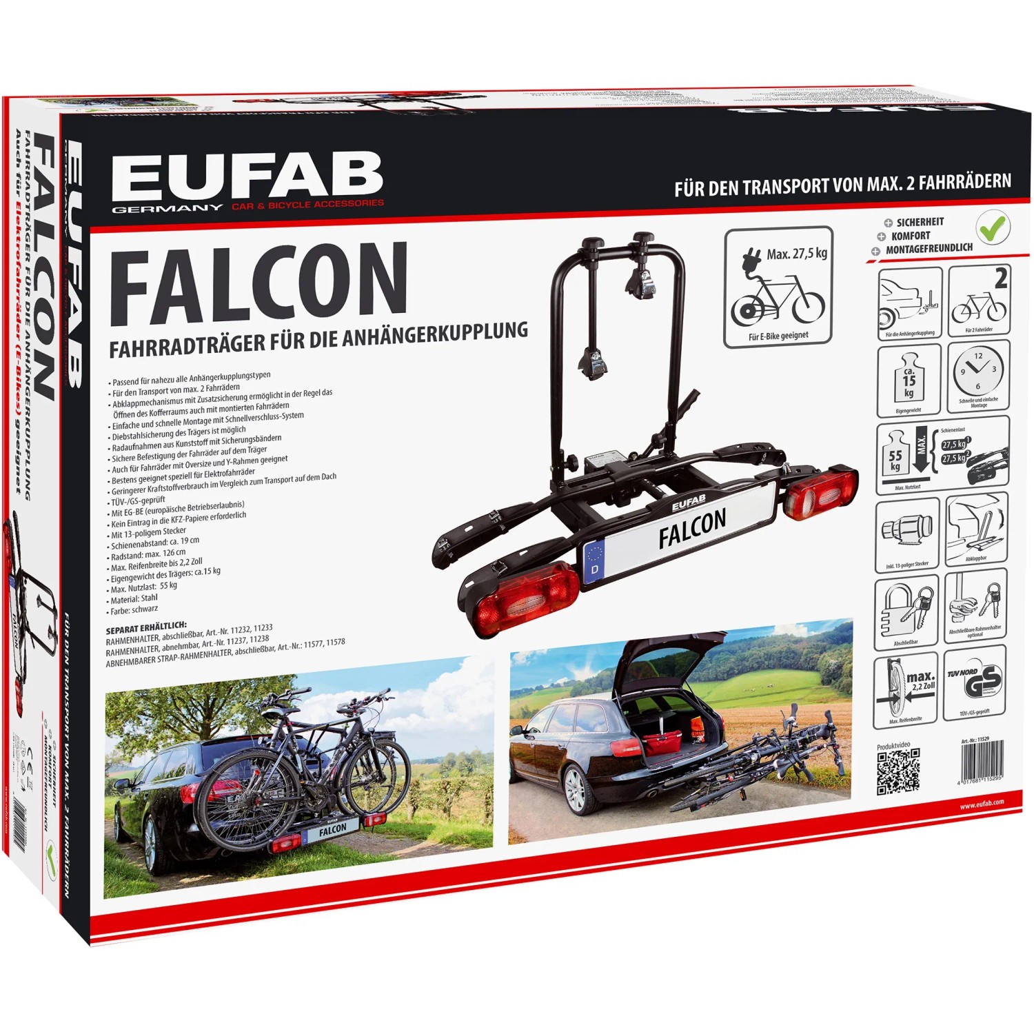Eufab Falcon Fahrradträger für Anhängerkupplung, Transportbox mit Produktbildern.