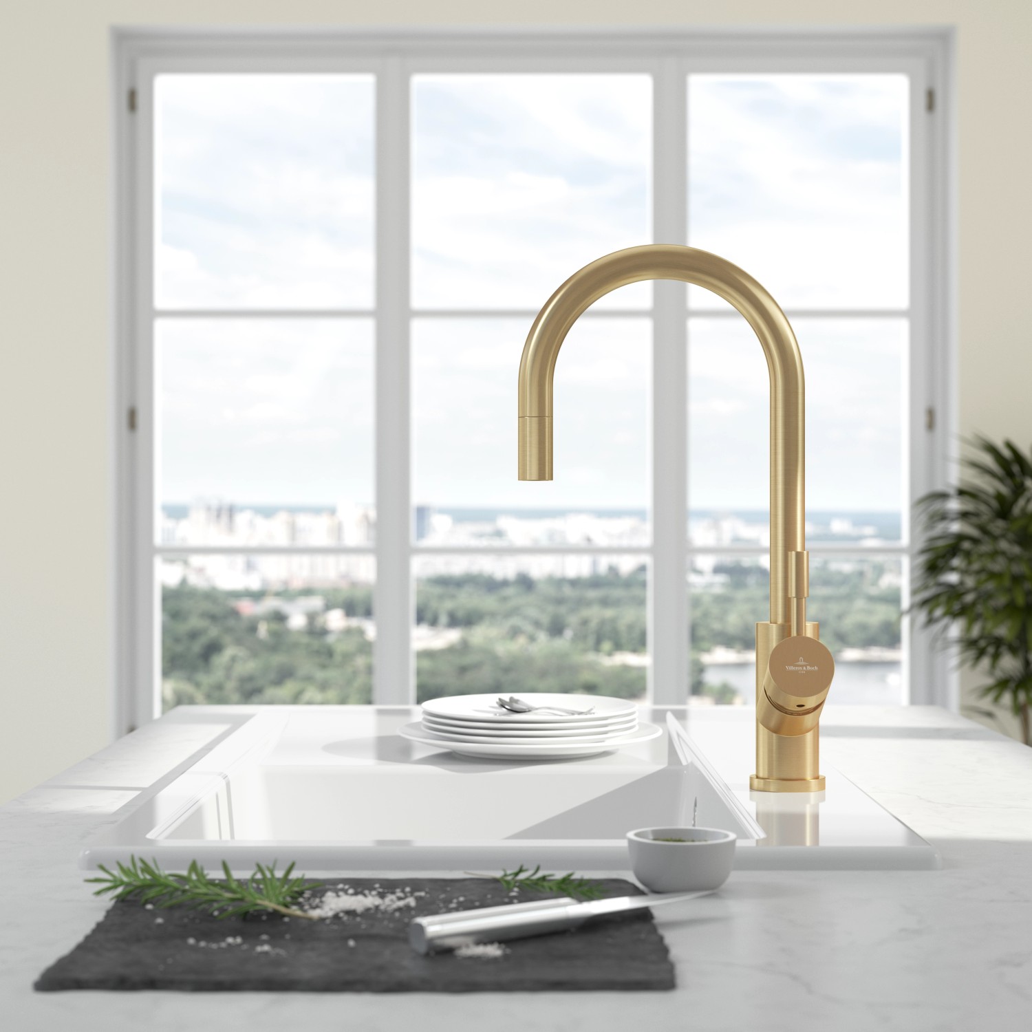 Villeroy & Boch Küchenarmatur Umbrella Flex Hochdruck-Armatur mit Ausziehbarer Brause Wassersparend Gold_3