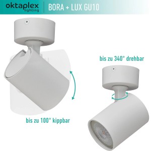 Weißer, schwenkbarer Oktaplex Bora LED Deckenstrahler, dimmbar, 1-flammig. Flexibel dreh- und kippbar.
