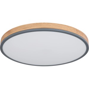 Runde LED-Deckenleuchte Doro, Graphit/Holzoptik, dimmbar mit Fernbedienung, 600x85 mm.