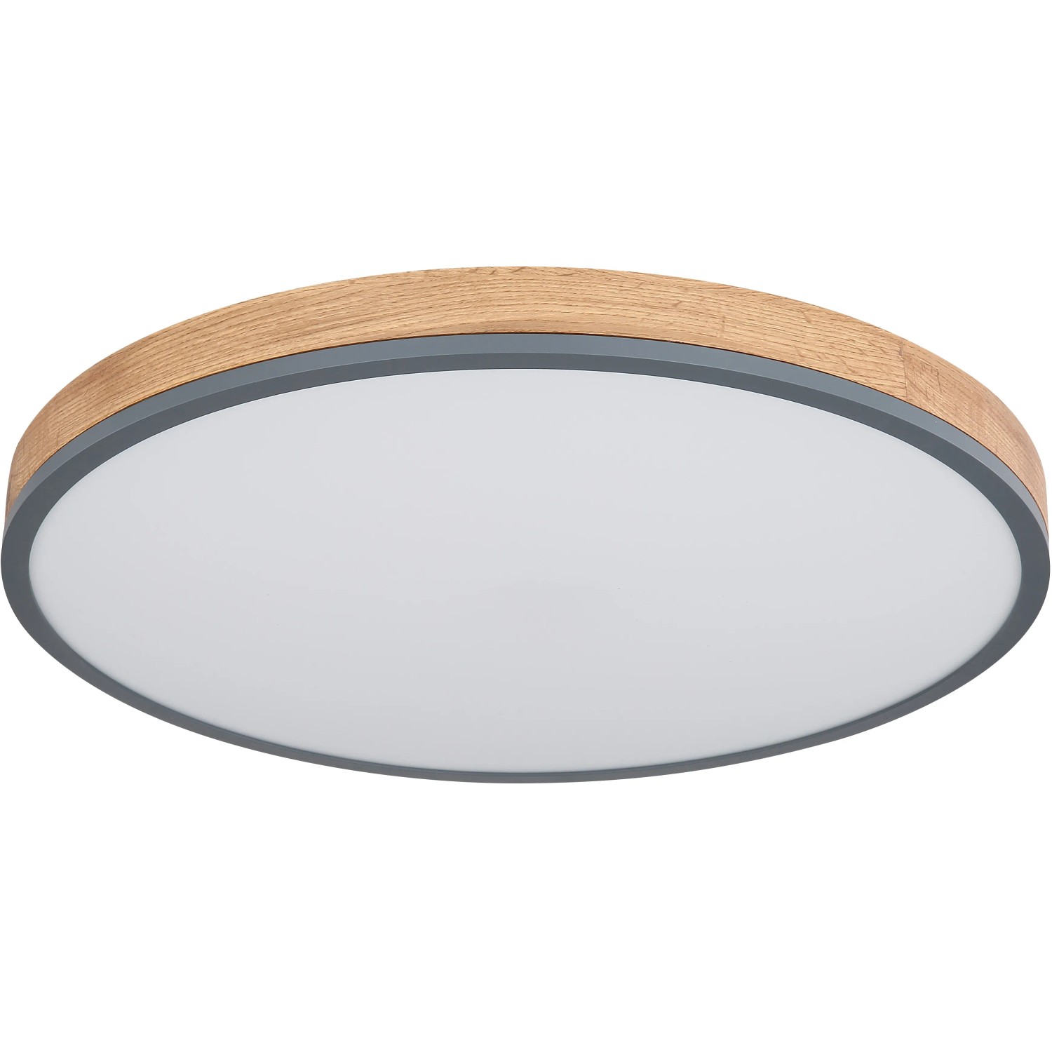 Runde LED-Deckenleuchte Doro, Graphit/Holzoptik, dimmbar mit Fernbedienung, 600x85 mm.