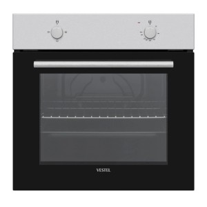 Schwarzer Einbau-Backofen mit silbernem Bedienfeld, Drehknöpfen und Glastür. Perfekt für moderne Einbauküchen.