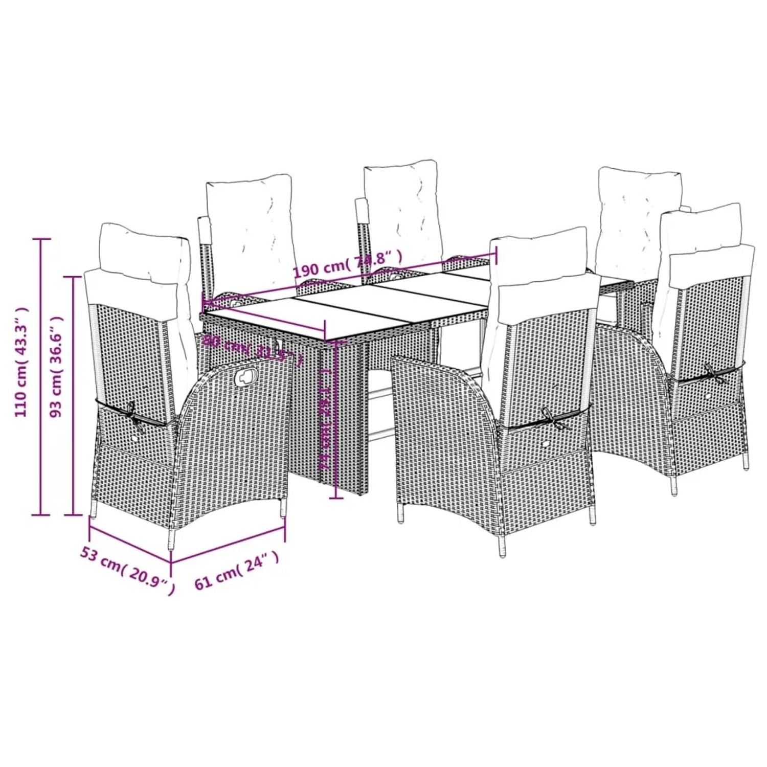 7-tlg. Garten Essgruppe aus braunem Poly Rattan mit Tisch und 6 Stühlen mit cremefarbenen Kissen.