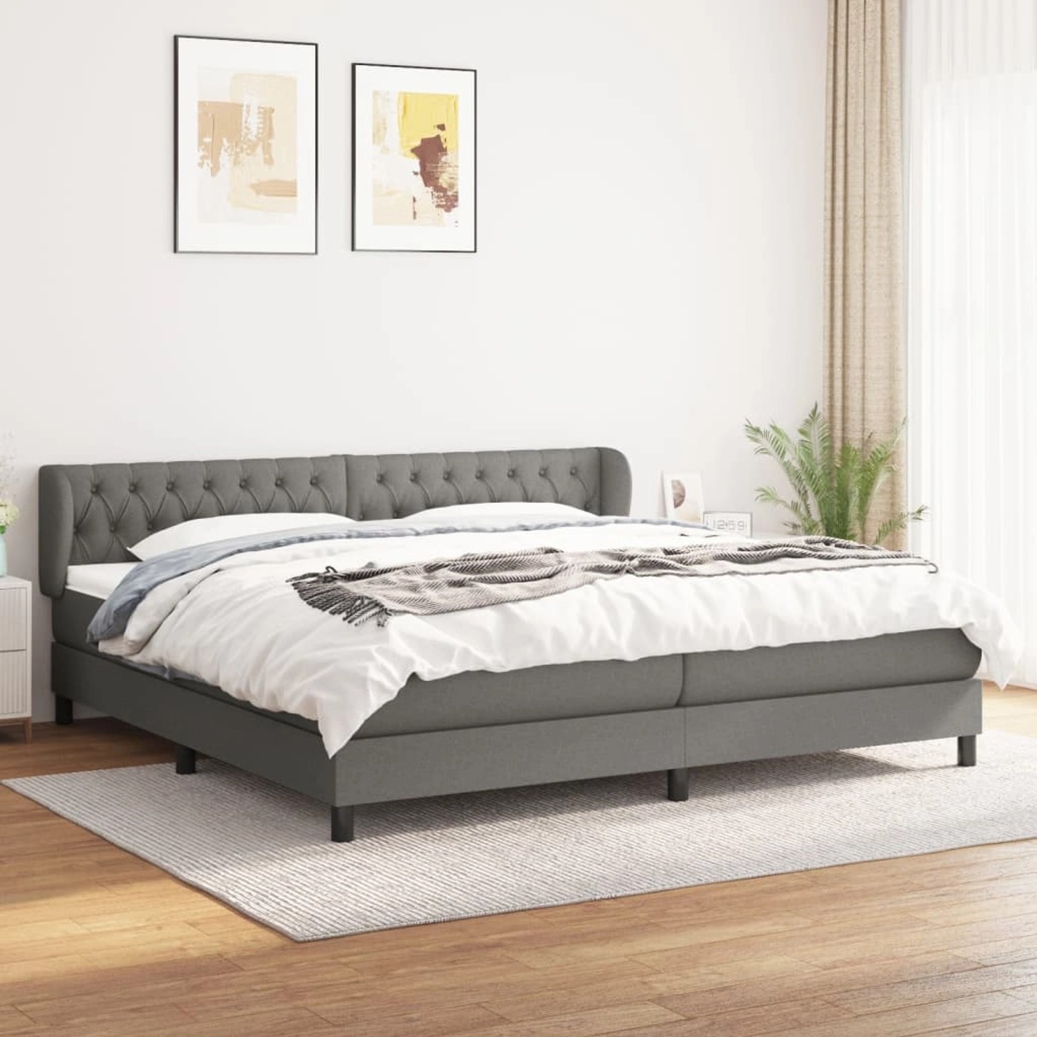 Dunkelgraues vidaXL Boxspringbett 200x200 cm mit Stoffbezug und Matratze.