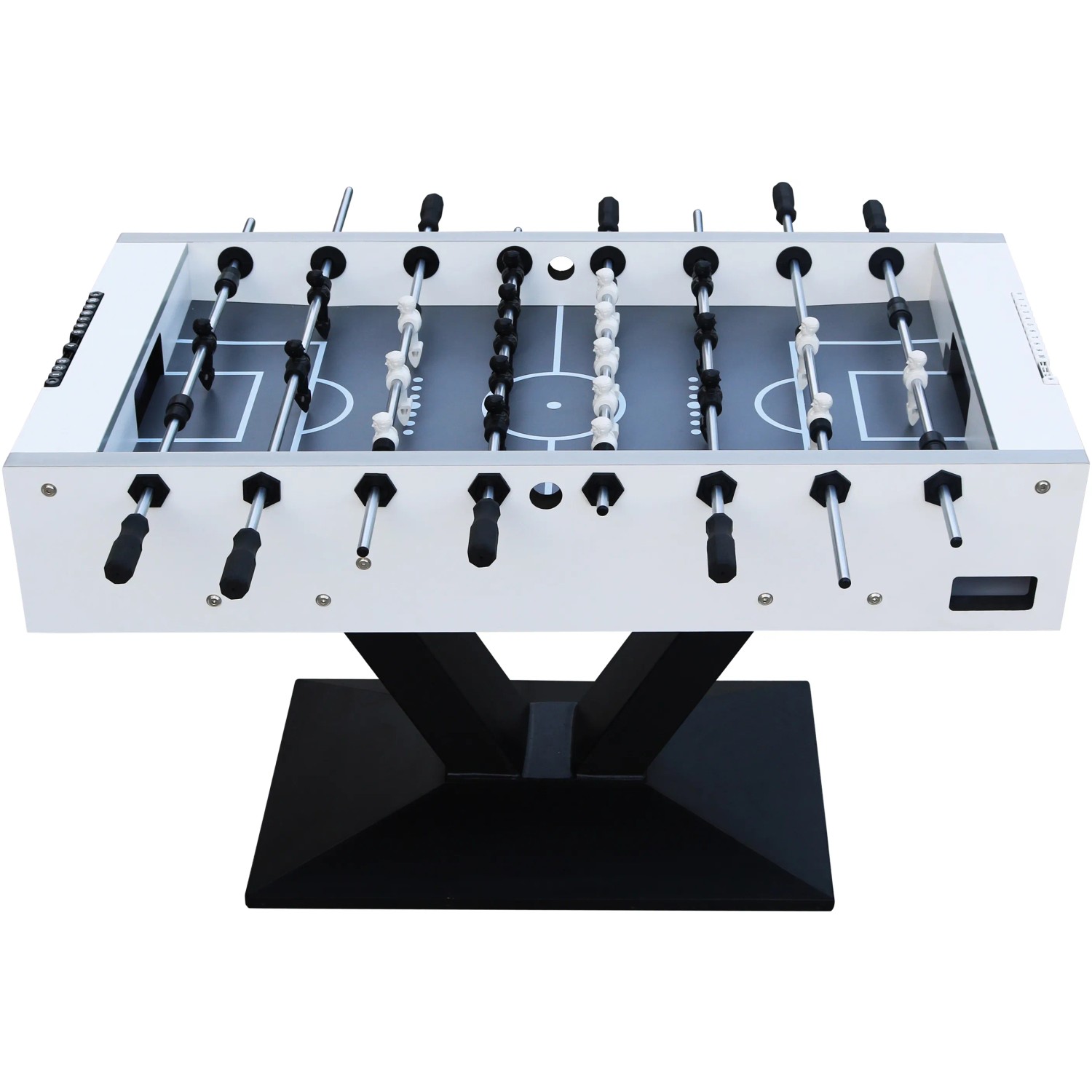Cougar Worldcup Premium Pro Fußballtisch mit schwarz-weißen Spielern und schwarzem Metallfuß.