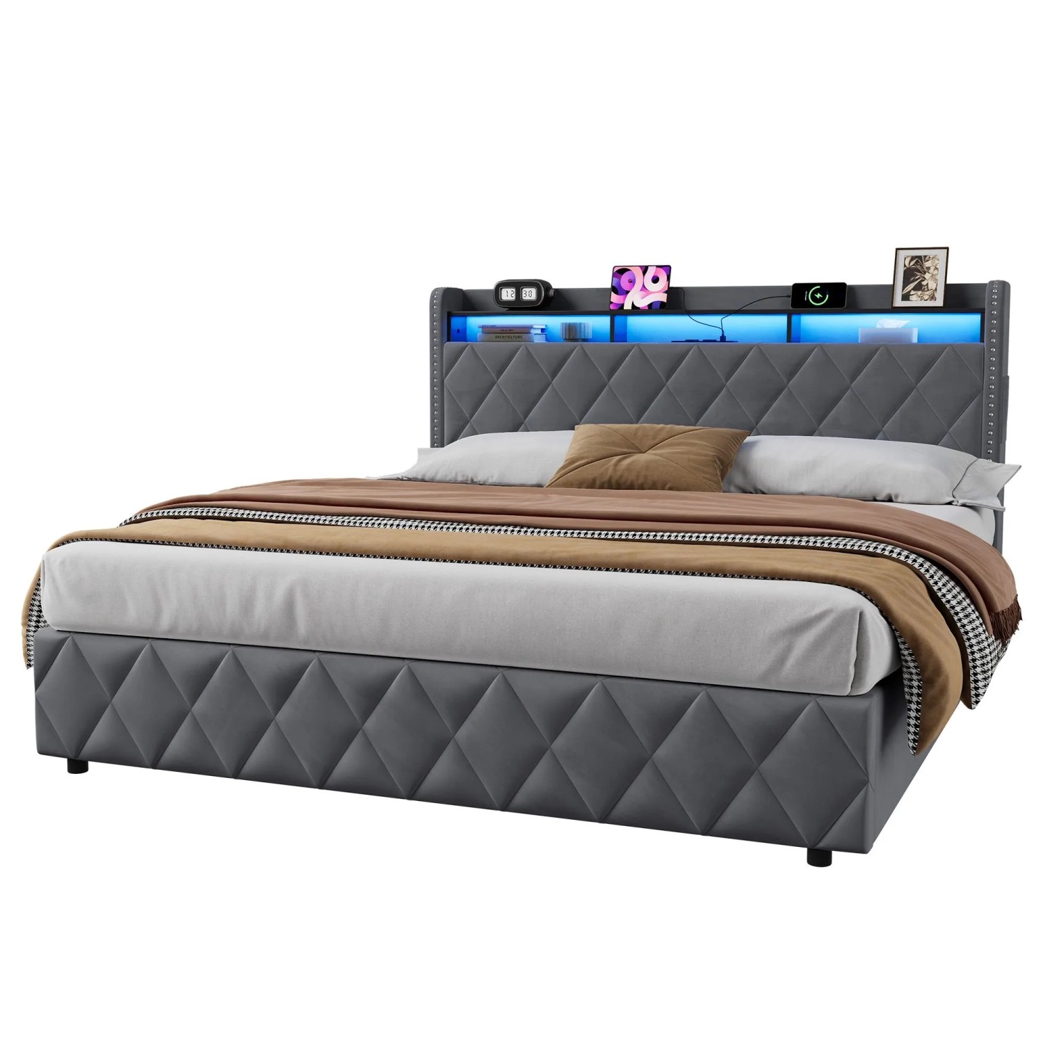 okwish Polsterbett 180x200cm mit LED Beleuchtung Kopfteil Stauraum Schlafzimmer Grau mit Matratze