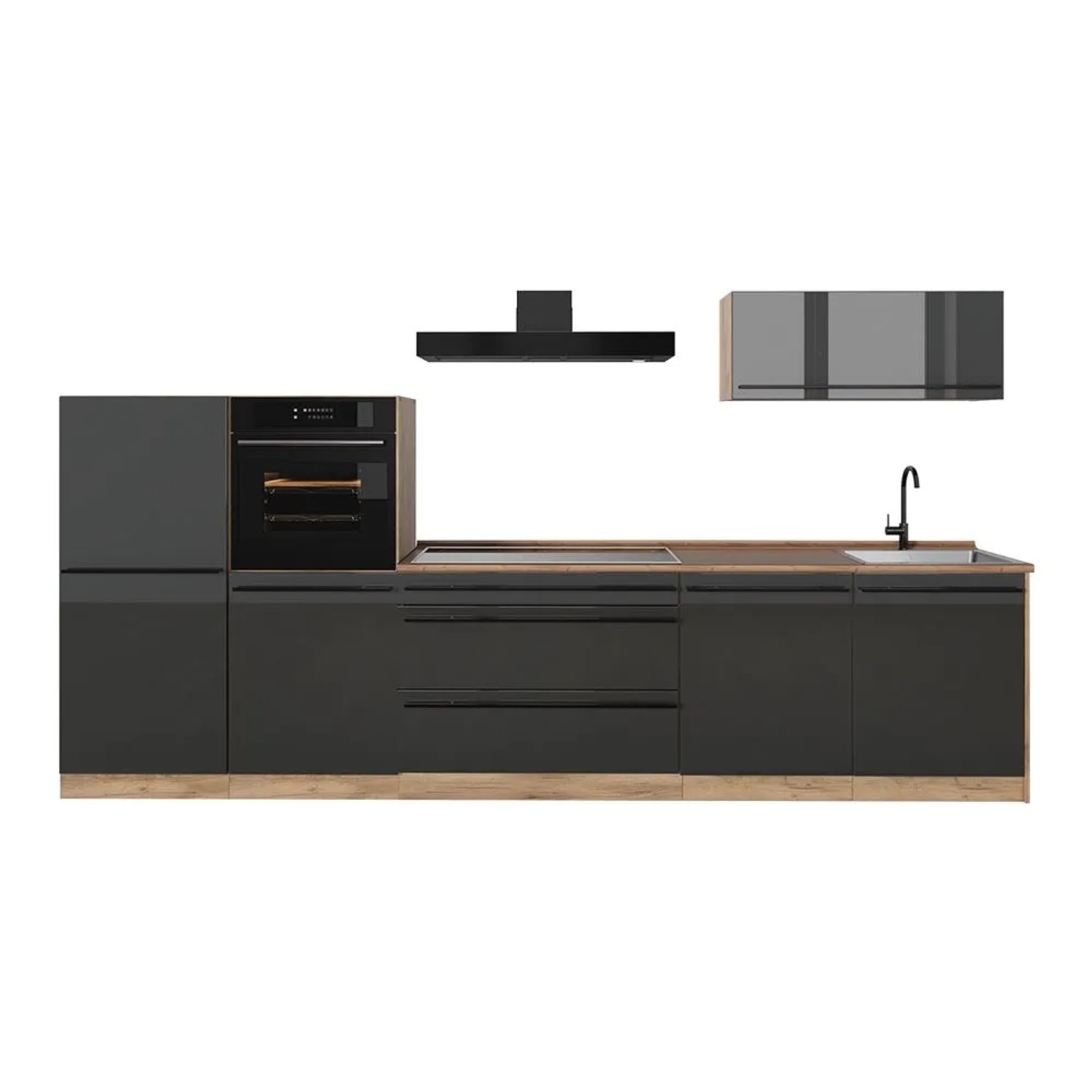 Vicco Küchenzeile R-Line Anthrazit Hochglanz/Goldkraft Eiche 340 x 143 ohne Arbeitsplatte Art Nr 66528