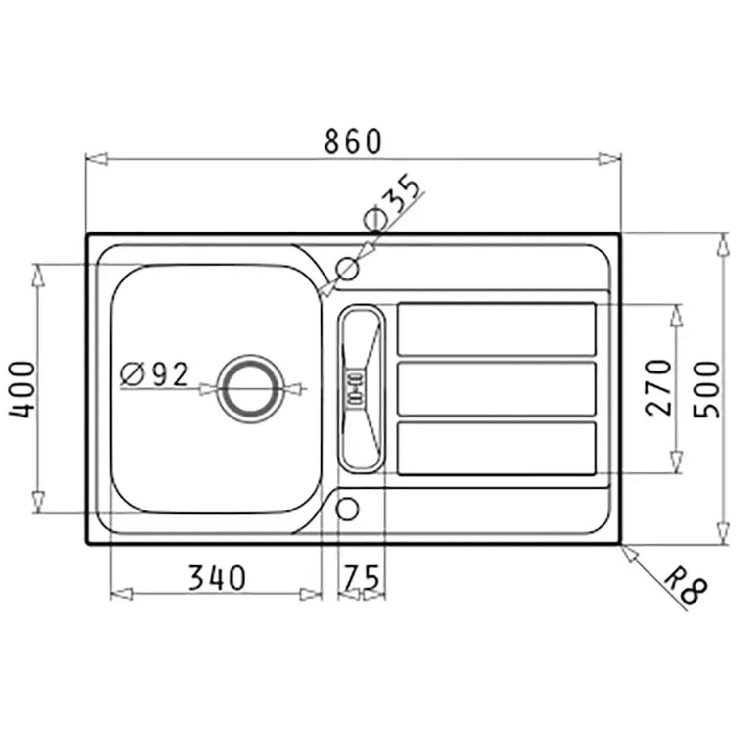 Technische Zeichnung: Pyramis Einbauspüle Athena 1 1/4B 1D Edelstahl, Maße und Details.