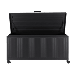 Offene, anthrazitfarbene Bizzotto Box Ocean mit Rädern, 164,8x72cm, zur Gartenaufbewahrung.