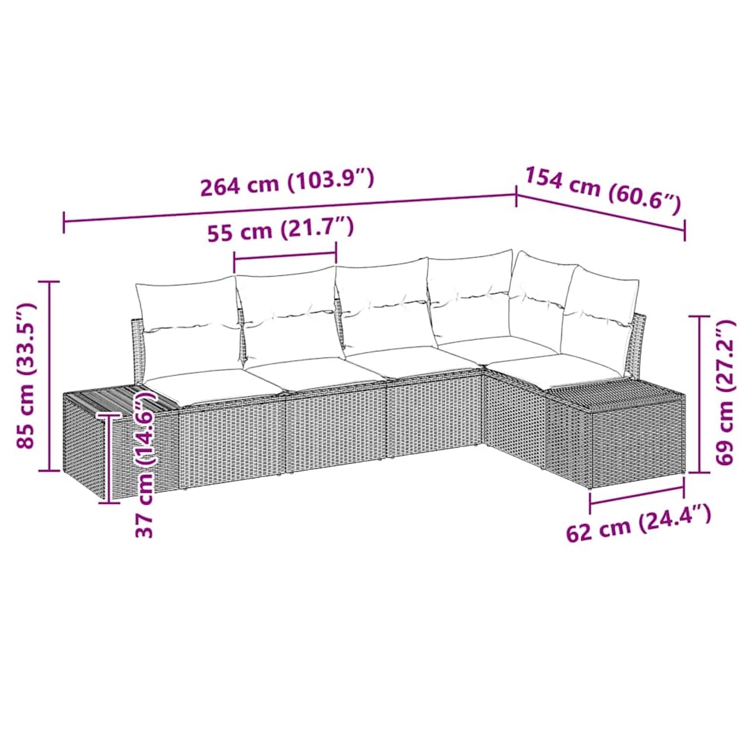 Schwarzes 5-teiliges Garten-Sofa-Set aus Poly Rattan von vidaXL. Modulares Lounge Set mit Kissen und Stahlrahmen.