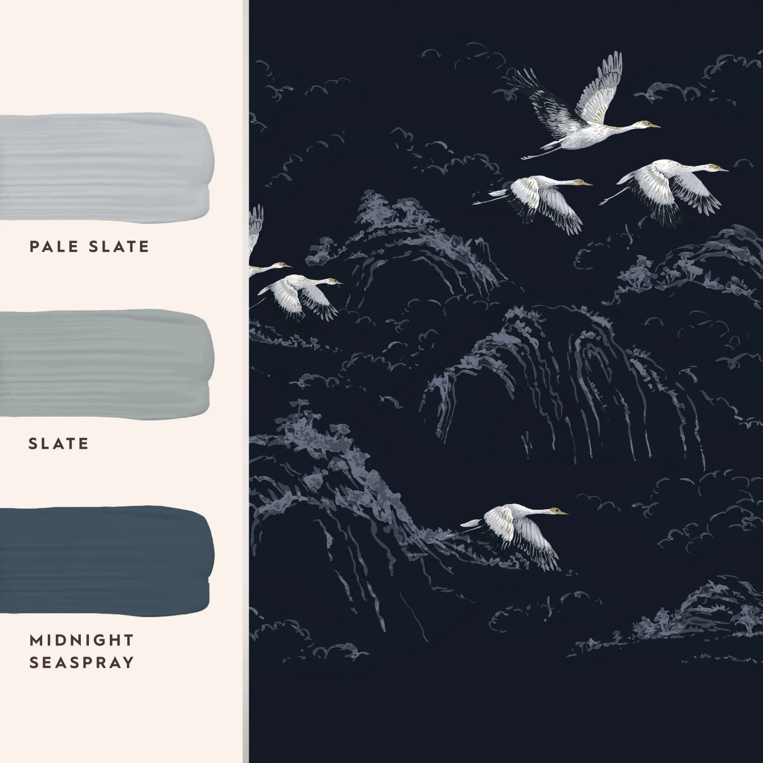 Laura Ashley Vliesfototapete Animalia mit Kranich-Motiv vor dunkler Berglandschaft.