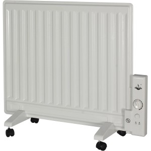 Weißer El Fuego Elektro-Ölradiator 600 W mit Thermostat und Rollen, ein elektrisches Heizgerät.