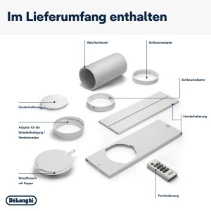 Zubehör des DeLonghi Pinguino Extreme PAC EX93 Klimageräts: Abluftschlauch, Adapter, Fernbedienung, Fensterhalterung.