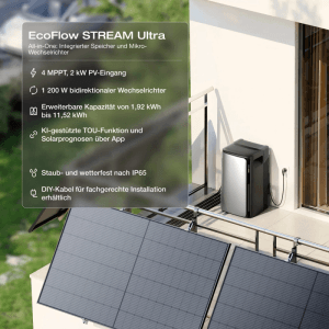 EcoFlow STREAM Ultra Balkonkraftwerk mit Speicher und Solarpanel auf Balkon montiert.