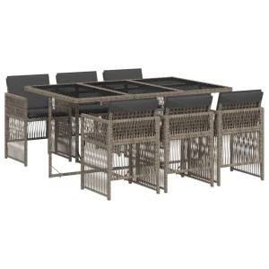 7-teilige Garten Essgruppe aus grauem Poly Rattan mit Tisch und 6 Stühlen mit Kissen.