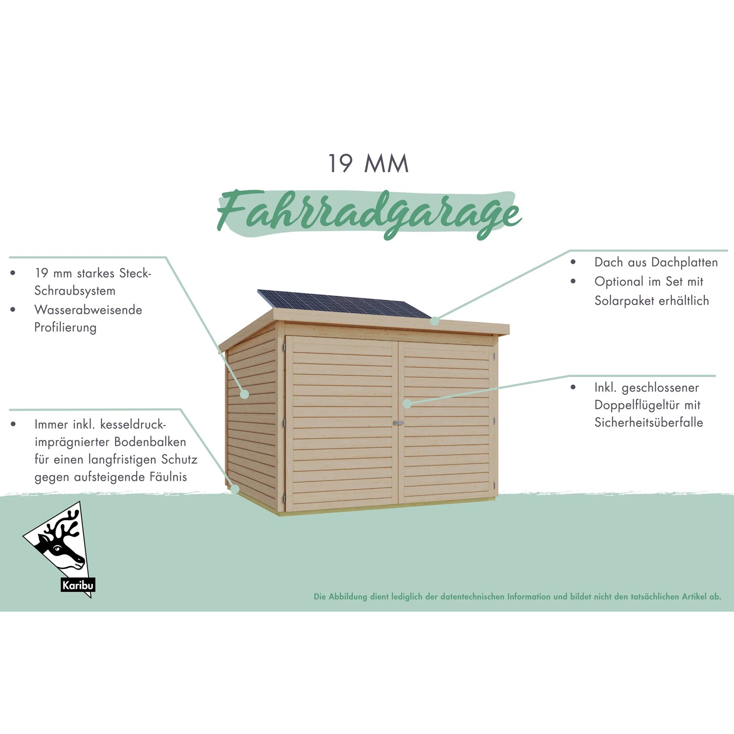 Terragraue Karibu Fahrradgarage aus Holz, 162,5x216,5 cm, mit Doppeltür und optionalem Solarpaket.