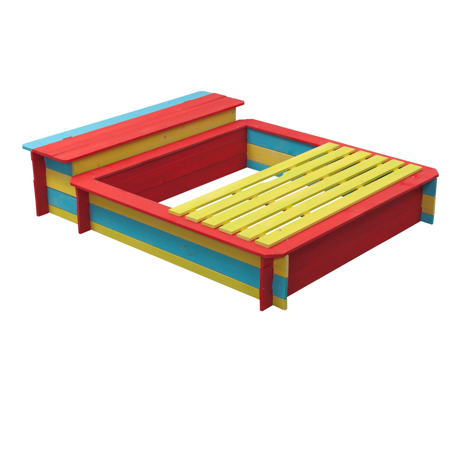 Farbenfroher SwingKing Sandkasten Jade (150x120cm) mit Deckel und Staufach.