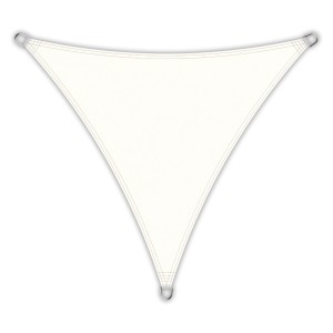 Cremeweißes, dreieckiges Toldoro Sonnensegel aus PES mit UV-Schutz und Edelstahlösen.