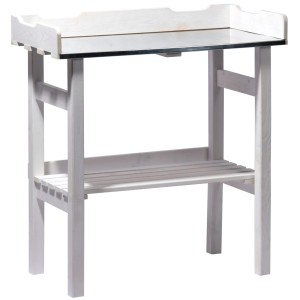Weißer Pflanztisch aus Kiefernholz mit verzinkter Arbeitsfläche, ideal für Gewächshaus-Zubehör.