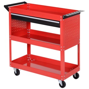 Roter Furnicato Werkzeugtrolley mit 3 Ebenen, ausziehbarer Schublade, Griff und 4 Rollen. Robuster Stahl Werkzeugwagen.