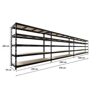 PROREGAL Mega Deal 3x Profi Schwerlastregal Rhino HxBxT 200x240x70cm 5 Spanplatten-Ebenen 8mm Fachlast 450kg Schwarz