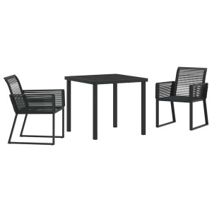 Schwarze 3-teilige Garten Essgruppe aus Poly Rattan mit Tisch und zwei Stühlen.