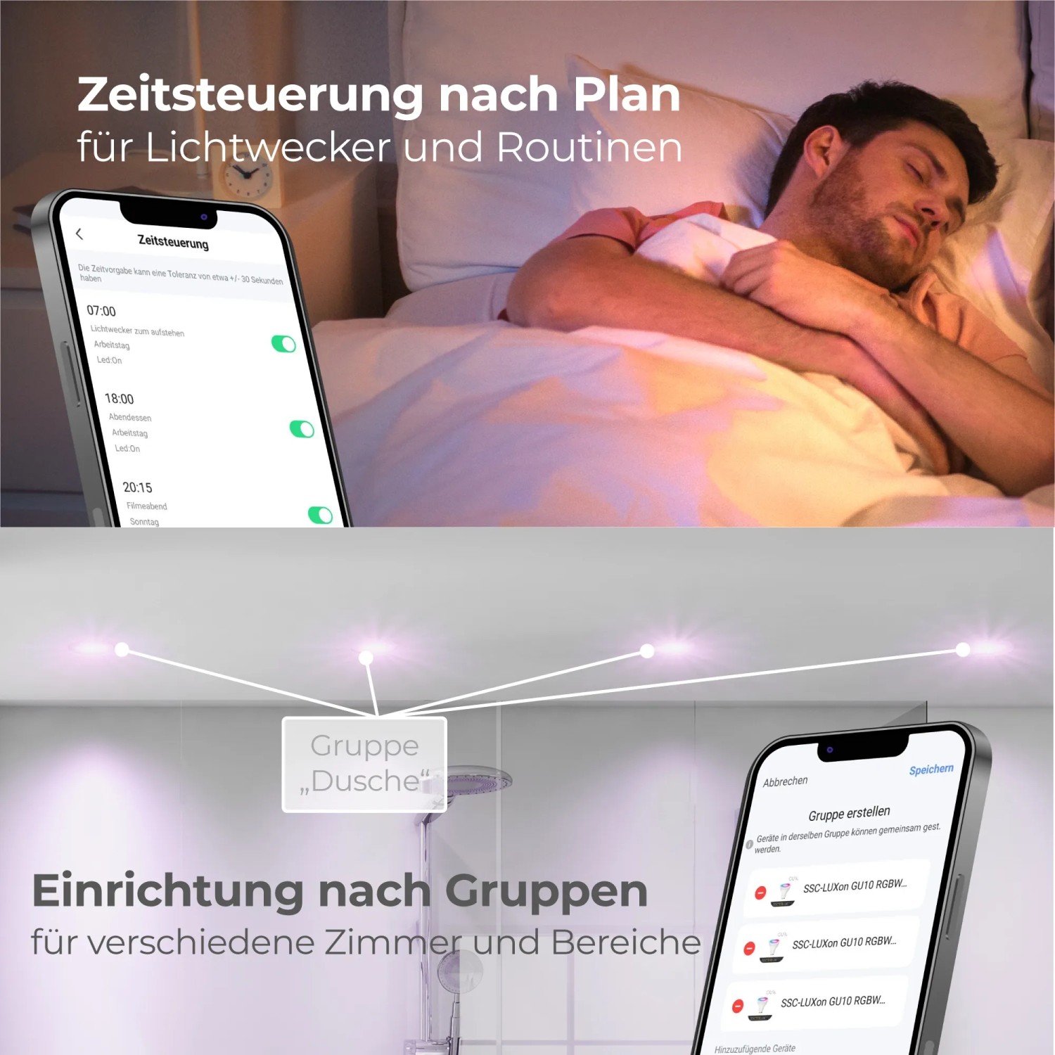 Smarter LED Einbauspot von SSC-LUXon im Einsatz: Zeitsteuerung und Gruppeneinrichtung per App.