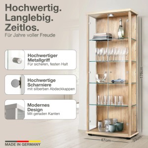 K-Möbel Vitrinenschrank Buche mit LED und Glasböden, 176x67x33 cm, Made in Germany