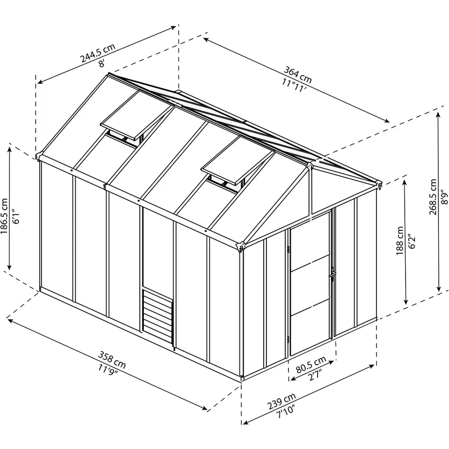 Technische Zeichnung: Palram Canopia Glory 3.6x2.5 Gewächshaus, Maße und Details.